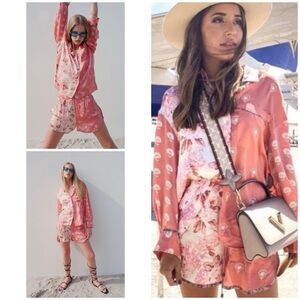 SET ZARA Silia Floral Printed Embroidered Silky Drawstring Short Blouse Set XS​​
